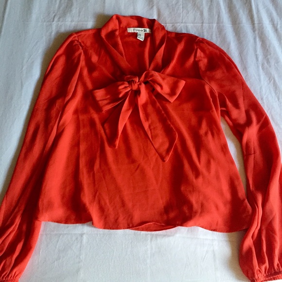 {{SOLD}} Forever 21 Blood Orange Tie-Neck Blouse - Picture 2 of 3