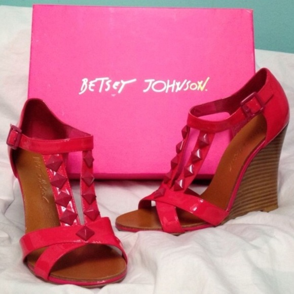 Betsey Johnson Pink Patent Leather Stud Wedge heel