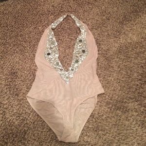 Nude embellished body suit