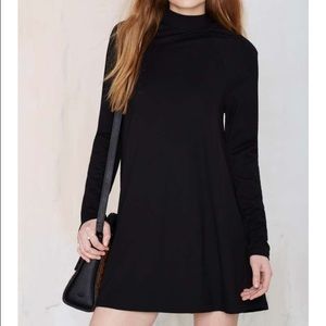 Mock neck long sleeve black mini dress