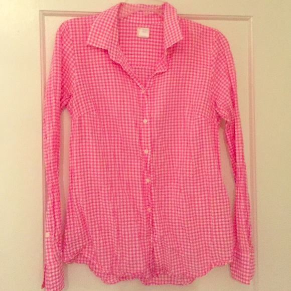 JCrew pink gingham long sleeve button up