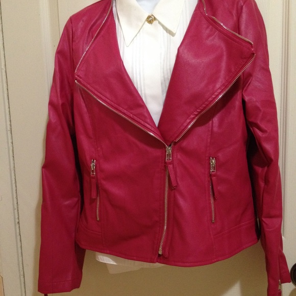 Rose red faux leather Moto jacket zippers
