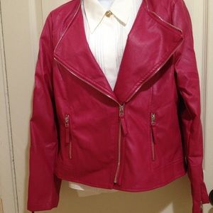 Rose red faux leather Moto jacket zippers