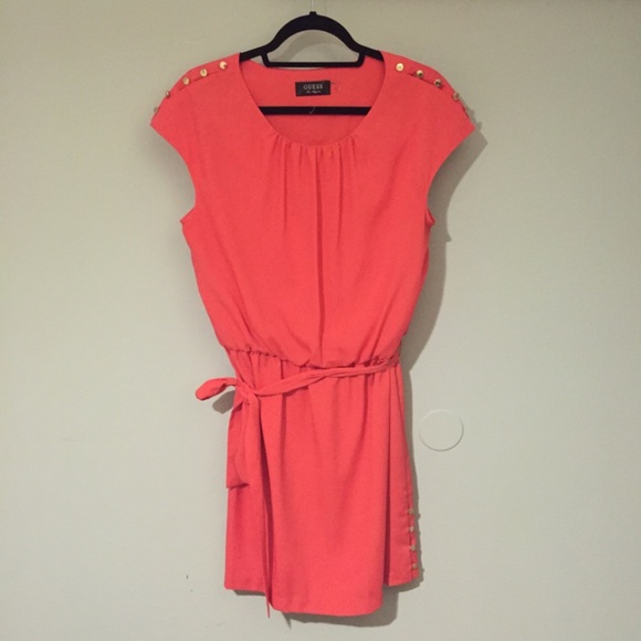 GUESS - coral belted dress with gold buttons - Picture 1 of 3