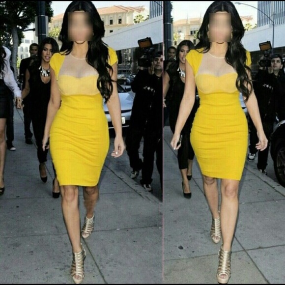 Yellow pencil bodycon dress.