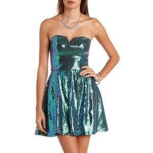 Blue Green Strapless Sequin Dress