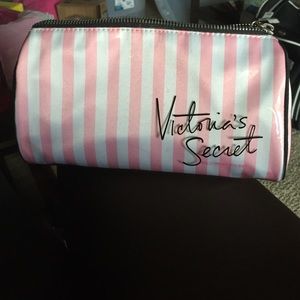 Victoria Secret pink and white striped makeup bag