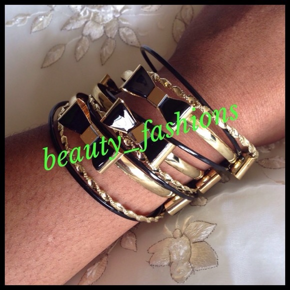 Goldtone & Jade StackableBow Bracelets - Picture 2 of 2