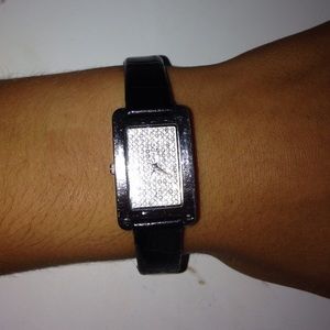 FOSSIL silver crystal watch in black leather strap