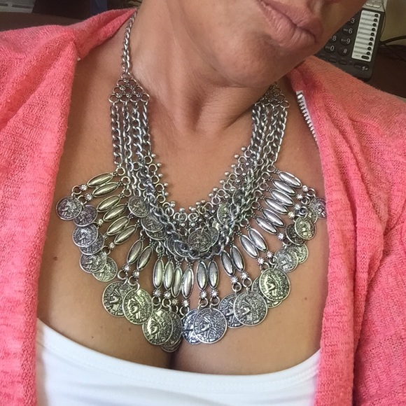 Silver coin statement necklace with earrings