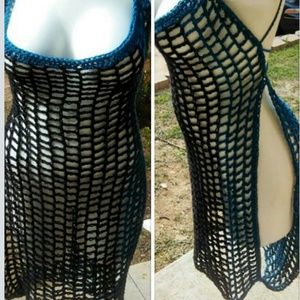 Short Black and teal crochet beach cover up.