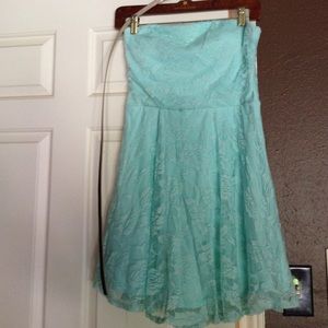Strapless mint lace dress.