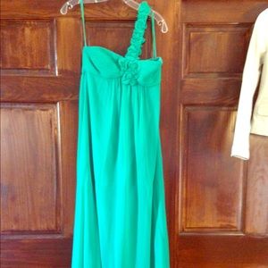 Full length emerald green silk gown by BCBG