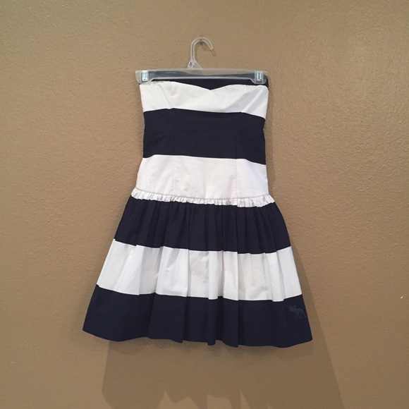 Dark blue and white striped strapless dress