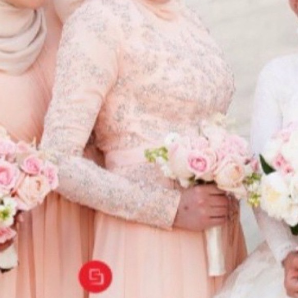 Long Sleeve Blush Beaded Gown with Chiffon Botton