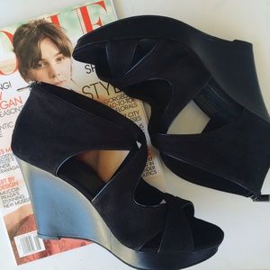 Christian Siriano Black Suede Crossed Strap Wedges