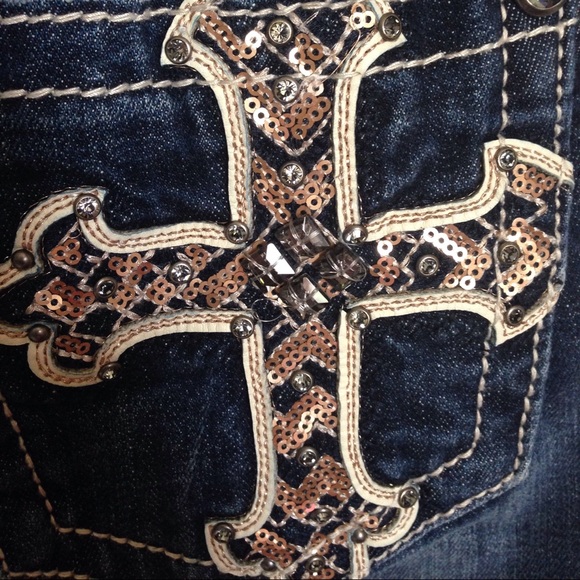 Sequin and rhinestone studded cross straight leg