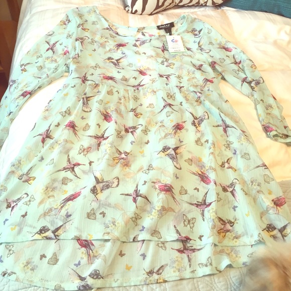 Bird print sheer top with partial open back
