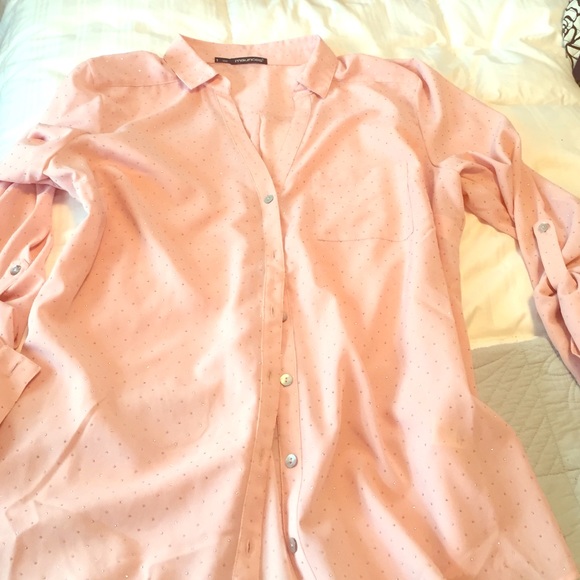 Light pink plus size button up rhinestone shirt