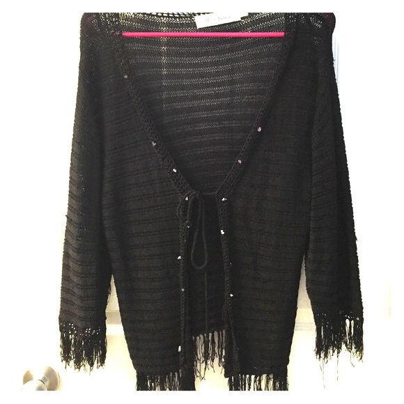 Black netted, fringe cardigan