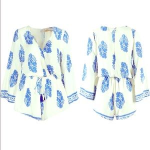 Blue and white boho romper jumpsuit (fits Medium)