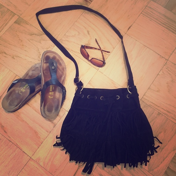 Versatile Faux Suede Black Fringe Purse