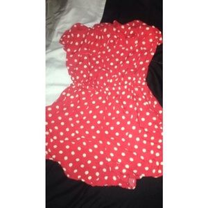 Bright coral / red & white polka dot romper