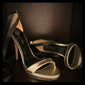 Gold High Heels Stilettos Black Ankle Wrap