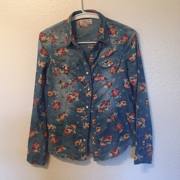 Denim Floral Print Button Up