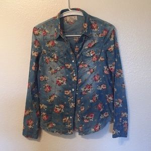 Denim Floral Print Button Up