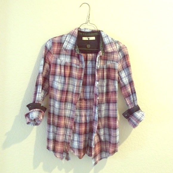 Plaid button down with polka dot details