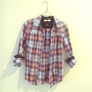 Plaid button down with polka dot details