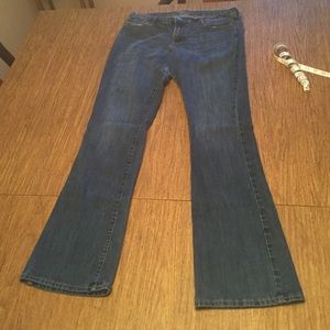 Dark wash denim jeans.