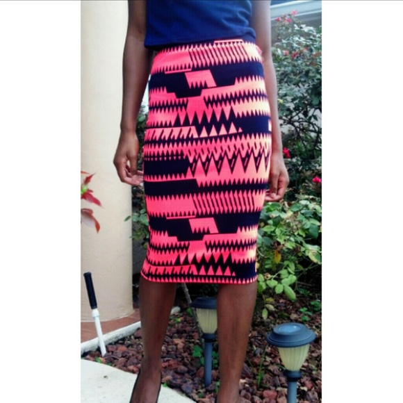Tribal Print Neon Pink & Navy Bodycon Skirt