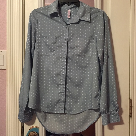 Long sleeve Blue with white polka dot shirt