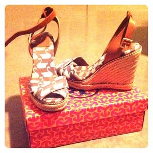 Tory Burch Blue Swan Ankle Wrap Wedges