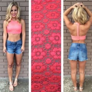 Neon coral lace crop top