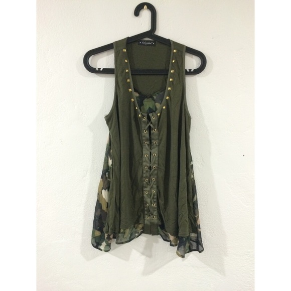 Green army print chiffon top