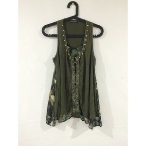 Green army print chiffon top