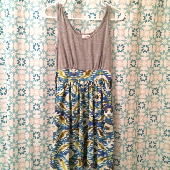 Pretty dress! Grey top and colorful printed bottom