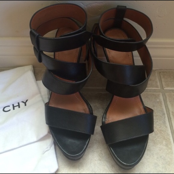 SOLD-Givenchy Black Leather Gladiator Wedge Heels - Picture 2 of 4