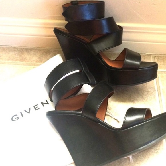 SOLD-Givenchy Black Leather Gladiator Wedge Heels - Picture 4 of 4