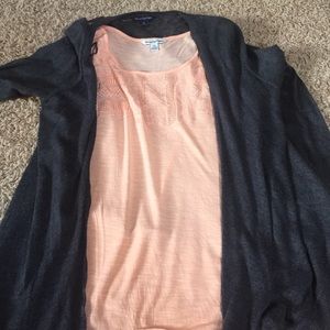 Peach Aztec shirt with perfect grey cardigan