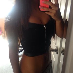 Black leather / stretchy zip up crop top