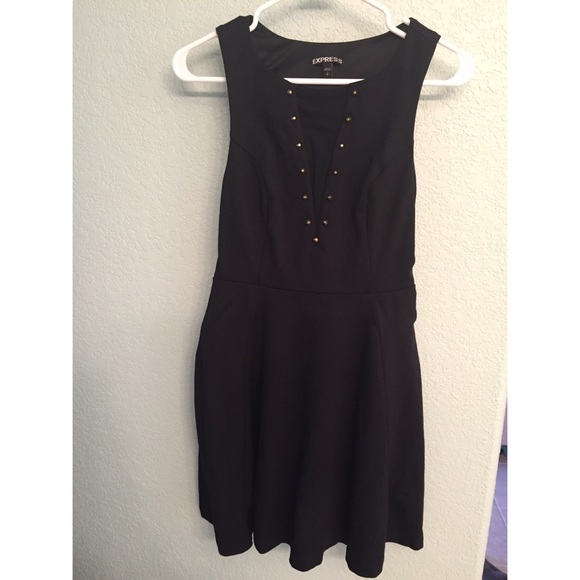 Express black deep v-neck dress with gold studs