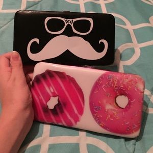 Donut clutch & black mustache clutch.