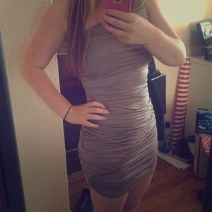 Tan one shoulder dress. Great for going out!