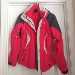 Pink and grey Hyvent North Face winter coat