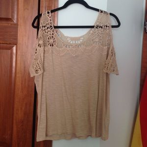 Open shoulder, crochet, tan shirt