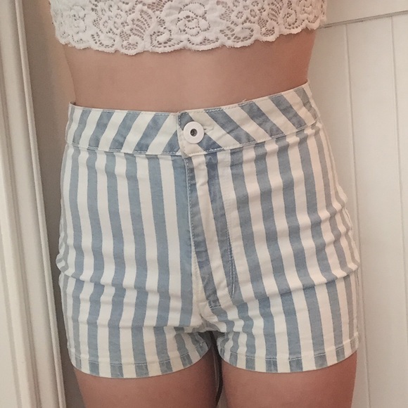 Cream and Blue Striped High waisted Shorts